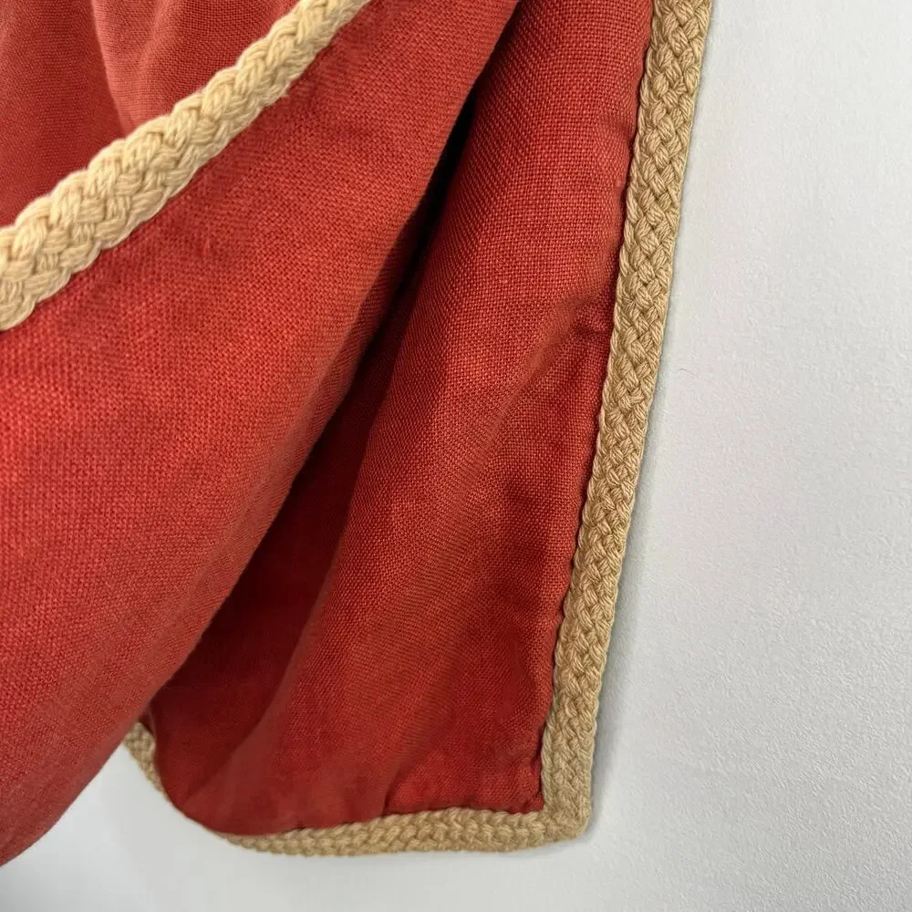 Set of 2 POTTERY BARN Orange Beige Pillow Cases Linen Jute Braided Trim Square
